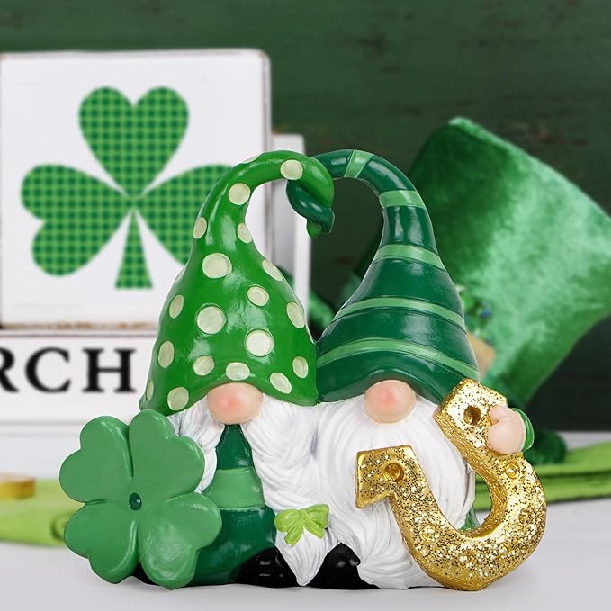Hodao Green St. Patrick's Day Couple's Gnome 3.75" H Resin Standing Figurine for Spring-Lucky Man with Love Intertwined Home Holiday Decorations Indoor Home Decor Lucky Green Gnome