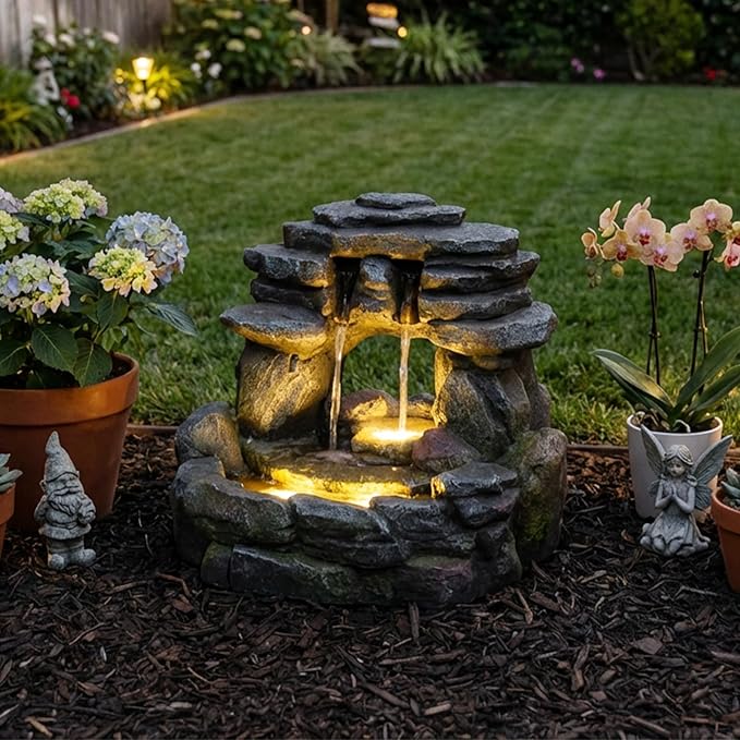 15.6" H Small Garden Outdoor Rock Water Fountain with LED Lights, 3-Tier Cascading Waterfall Fountain for Patio, Porch, Backyard & Indoor Home Decor