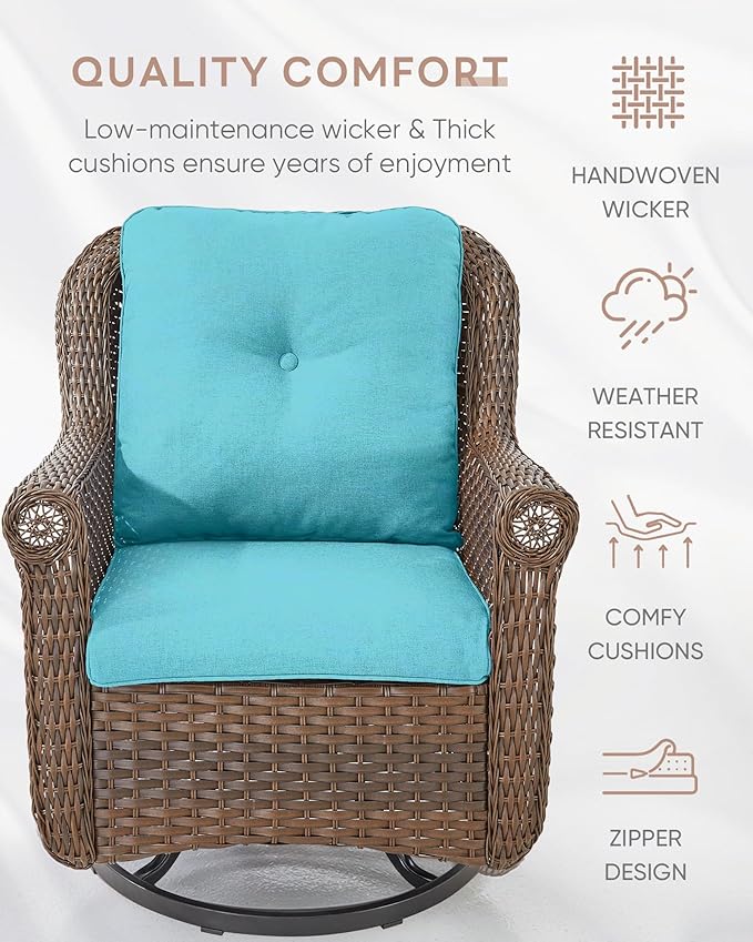 Patio Chairs Outdoor Swivel Glider - Set of 2 High Back Outside Brown Wicker Rattan Rocking Chair with Thick Cushion for Porch Apartment Deck Yard Poolside Garden - Turquoise