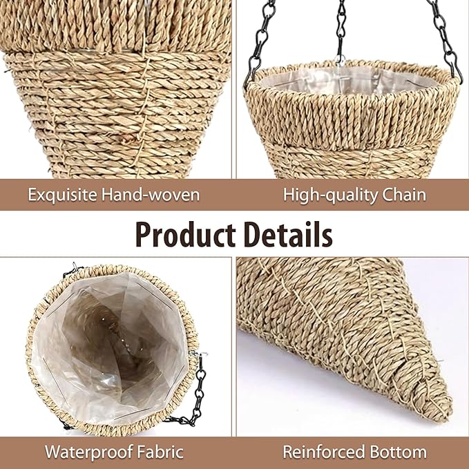 4 Pcs Hanging Plant Flower Basket for Outdoor Spring Decoration, 7.87 Inches Black Iron Chain Wicker Woven Conical Artificial Flower Hanging Basket, Plants Not Included (Brown)