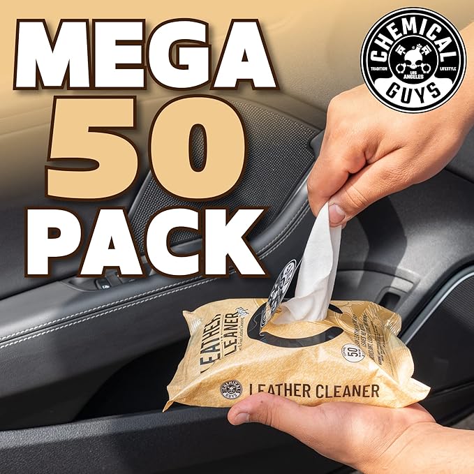 Chemical Guys Leather Cleaner Wipes Mega - Interior Leather Wipes for Cars,Natural,Synthetic,Faux & Pleather Surfaces,Safe for Cars,Trucks,Furniture,Boots & More,Convenient,50 Count (Pack of 6)