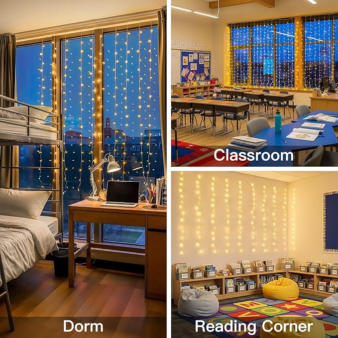 suddus Curtain Lights for Bedroom, 200 Led Hanging String Light Outdoor, Fairy Curtain Lights Indoor for Christmas, Dorm, Wall, Backdrop, Window, Wedding, Party, Birthday Decor, Warm White