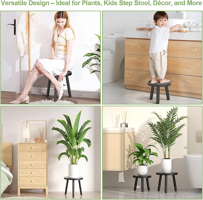 Vecxoty 3-Pack Wood Plant Stands Indoor, Single Plant Stand for 6-12 Inch Pots, Mid-Century Modern Plant Stool, Tall Plant Stand for Large Plants for Living Room, Balcony, Office (Black)