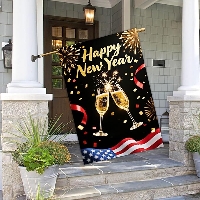 Happy New Year House Flag 28x40 Inch Champagne Glasses Fireworks and American Flag Design Garden Flag Patriotic Holiday Outdoor Yard Decoration Banner for Home Porch Lawn