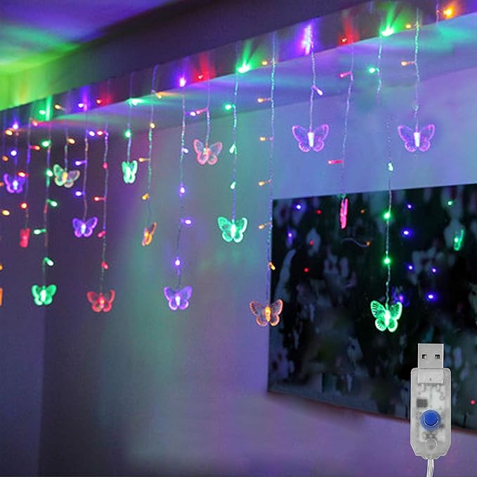 Decorman Butterfly Curtain Lights, 4.9ft 48 LED USB Window Fairy Lights 10 Butterflies 8 Modes Firefly Twinkle String Lights for Room Bedroom Wall Ceiling Party Wedding Christmas (Colorful)