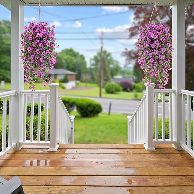 Sggvecsy Artificial Fake Hanging Flowers Plants for Outdoor Outside Spring Summer Decoration 2PCS Faux Silk UV Resistant Realistic Mums Daisy with Eucalyptus for Home Porch Patio Balcony(Magenta)