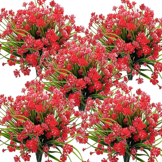 Grunyia Artificial Flowers Outdoor UV Resistant Fake Plants Indoor Outside Hanging Planter Home Garden Decor, 10 Bundles (Red)