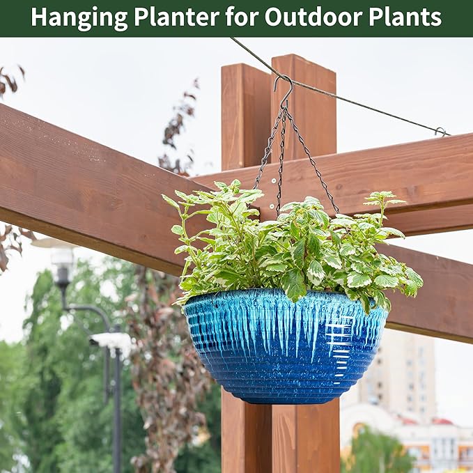 LESOASIS 12 inch Large Hanging Planters for Indoor Outdoor Plants, Set of 2 Glazed Hanging Flower Pots with Drainage Hole, Hanging Baskets for Garden Home Porch Decor