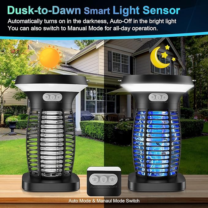 Solar Bug Zapper Outdoor, 3-in-1 Mosquito Zapper Outdoor Solar Powered, Cordless Electric Bug Zapper Indoor with Night Light, Waterproof Fly Zapper for Patio Backyard Home Kitchen Camping