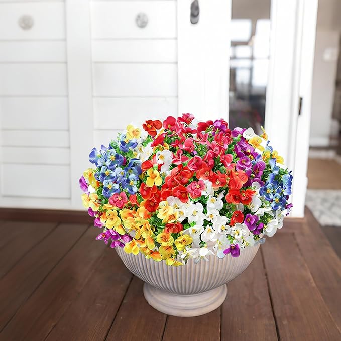 Ivydale Artificial Flowers for Outdoor Decorations, 12 Bundles Fake Pansies Flower, Silk Flora with Eucalyptus for Planter, UV Resistant Realistic Bouquets Front Door Garden Porch Patio Yard