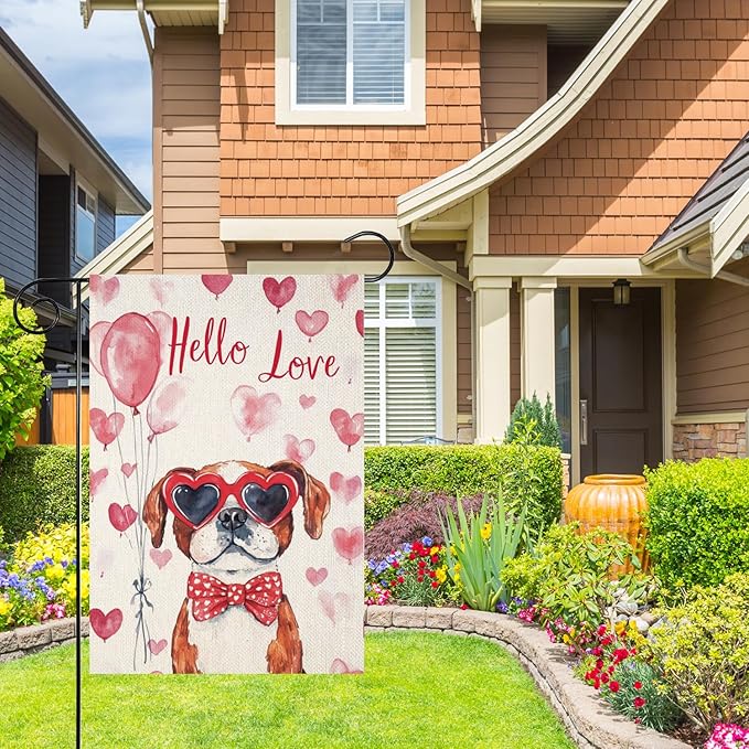 Valentine's Day Saint-Bernard Hello Love Garden Flag, House Yard Plaid Love Heart Outside Decoration, Spring Holiday Wedding Anniversary Outdoor Small Decor 12x18(12617)