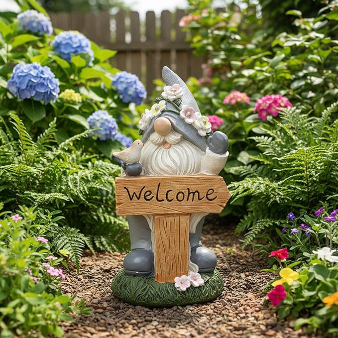 Welcome Gnome Statue with Card & Bird - Garden Gnome Figurine for Outdoors, Resin Lawn Decor - Perfect Outdoor Gnomes Decorations for Yard, Patio, Porch - Welcome Statue Gift for Garden Lovers