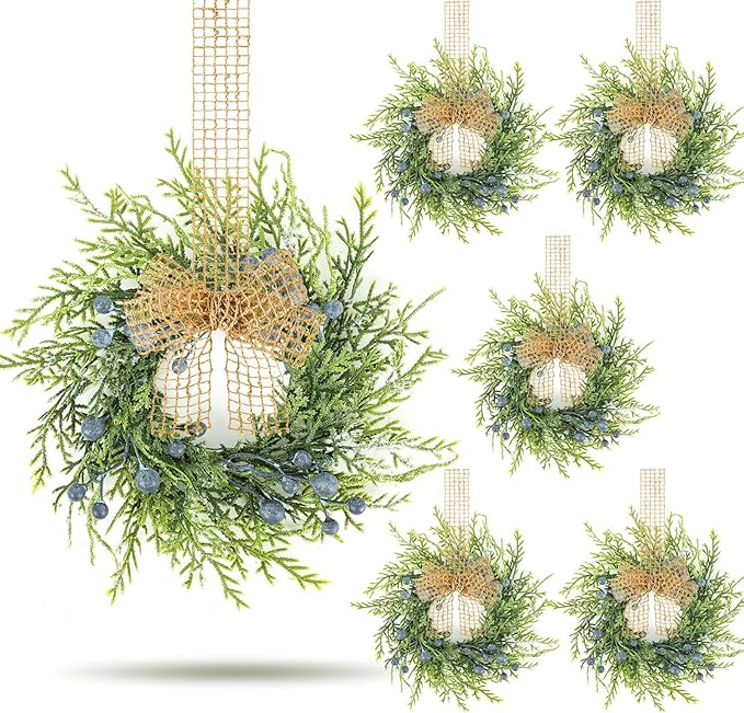 6 PCS Small Winter Blue Berry Cabinet Wreath Artificial Mini Kitchen Wreaths Vintage Swags Wreath with Retro Burlap Ribbon for Farmhouse Rustic Home Front Door Window Pillar Wedding Chair Wall