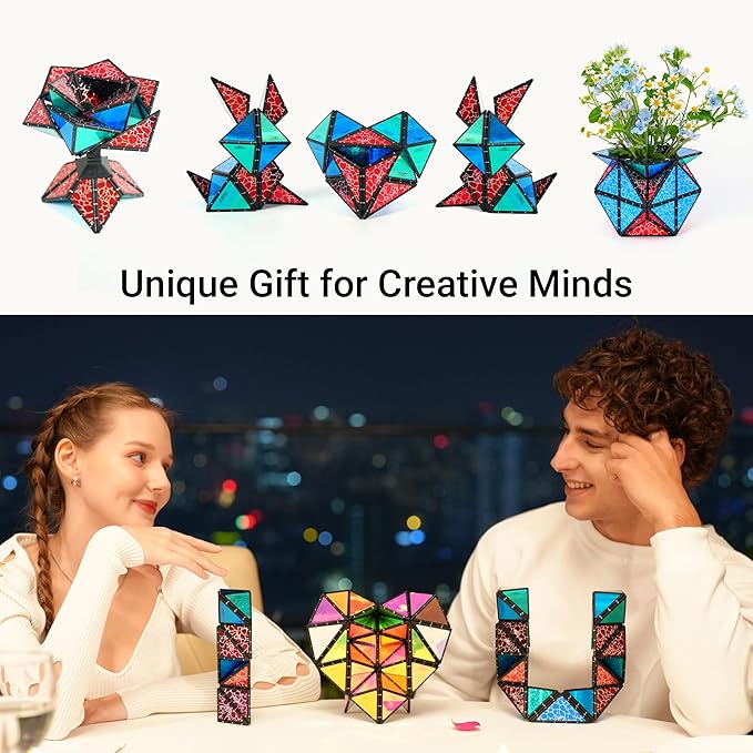 TOSY Magnet Pyramid Stone - 1 Cube Transforms into 1 Billion Shapes, 14 pcs (12 Puzzle pcs and 2 Spinners), 243 Rare Earth Magnets, Christmas Stocking Stuffers Gift for Kids, Creative Puzzle STEM Toy