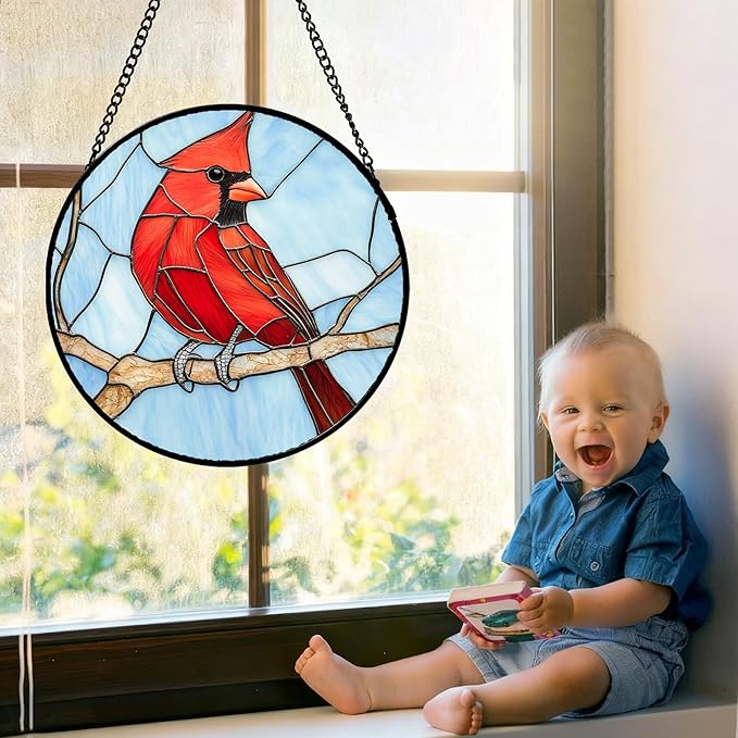 Stained Glass Window Hanging Cardinal Birds Large 15" - Suncatcher Door Garden Sun Catcher Home Decor Christmas Birthday for Bird Lovers Woman Her Nana Wife Men Mom