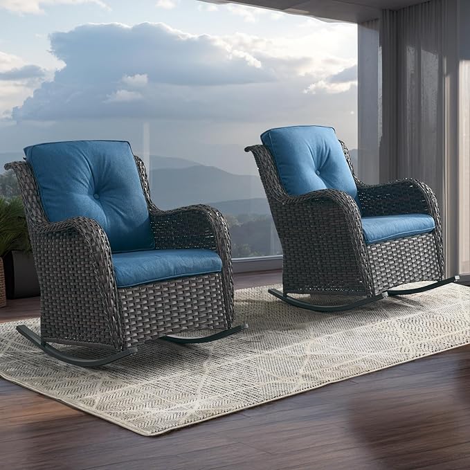 Rilyson Patio Chairs Outdoor Rocking Chair - 3 Piece Wicker Patio Bistro Set Rattan Patio Furniture Rocker Chairs and Side Table for Porch Deck Backyard Garden(Brown/Blue)
