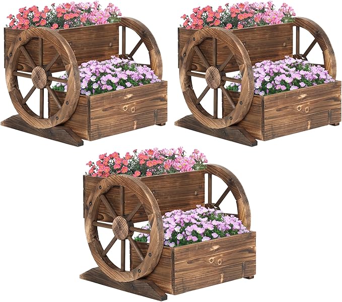 Wooden Wagon Planter Box, 2 Tier Garden Planter with Wheels for Flowers/Herbs/Vegetables, Decor Flower Cart for Indoor/Outdoor/Patio/Garden/Balcony(3 Pack)
