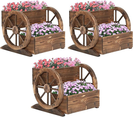 Wooden Wagon Planter Box, 2 Tier Garden Planter with Wheels for Flowers/Herbs/Vegetables, Decor Flower Cart for Indoor/Outdoor/Patio/Garden/Balcony(3 Pack)