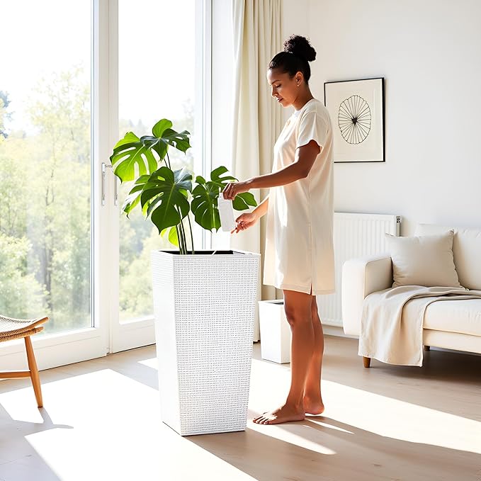 Vigo huseeo 23in Tall Planter Set of 2, Large Self Watering Pots for Indoor/Outdoor Plants with Drain Holes, Water Level Monitor, Inner Bucket for Front Porch Patio, White Rattan