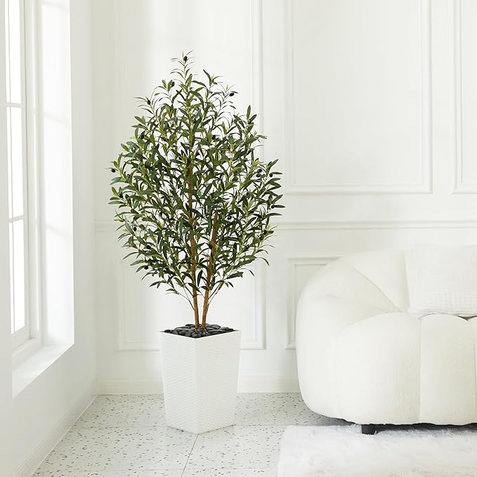 VeriNatural Artificial Olive Tree 5FT - Tall Faux Olive Trees with Natural Wood Trunk, Silk Leaves, White Taper Planter & Pebbles, UV Resistant Fake Plants Indoor for Home Decor, Office,Outdoor,VN131