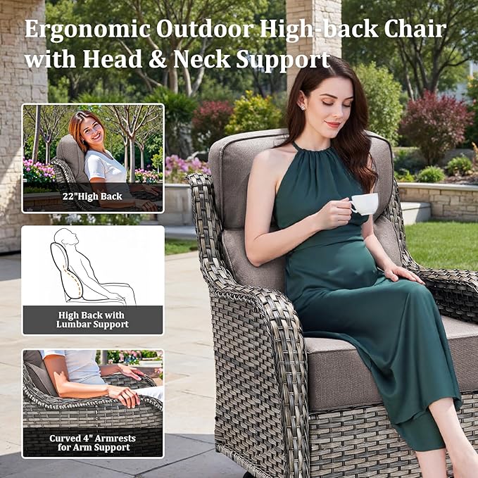 Luxury Outdoor Swivel Rocker Patio Chairs Set of 5, High Back Swivel Patio Chairs with Side Table & 6" Thick Cushions, Ottomans, Wicker Outdoor Bistro Set for Porch, Yard, Deck, Poolside, Grey