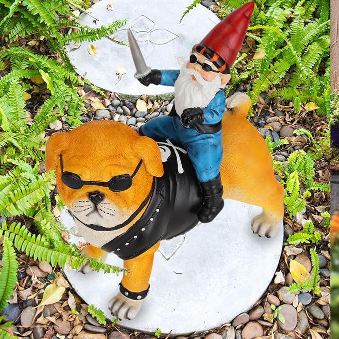 Garden Gnome Statue Holding Sword Outdoor, Funny Garden Gnome Riding Dog Statue Decoration Lawn Figurines for Home Patio Yard Garden Decor Indoor Outdoor, Housewarming Garden Gift