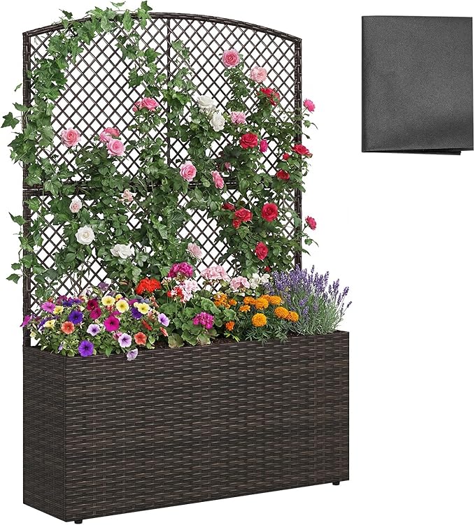 Happygrill Raised Garden Bed with Trellis, 58" Wicker Planter Box with Privacy Screen, Liner, Drainage for Patio Balcony, Outdoor PE Rattan Elevated Garden Bed for Climbing Plant Vine Flower (Brown,1)