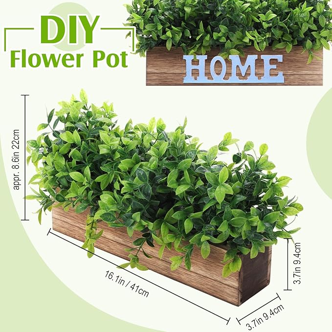 Lyrow 2 Pack Artificial Eucalyptus Plant in Rectangular Rustic Wooden Planter Box Faux Potted Herb Plant Table Centerpiece for Kitchen Windowsill Shelf Decor (Brown,16 '')