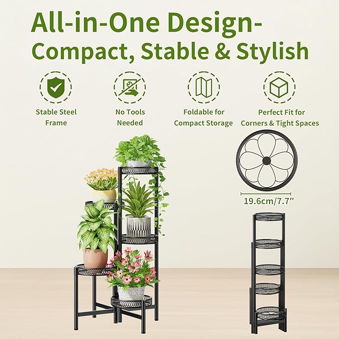 NQW Plant Stand Indoor Outdoor, 5 Tier Corner Metal Flower Display Holder Stand, Folding Tall Plant Rack for Patio Balcony Porch Garden Living Room House, Heavy Duty Wrought Iron Plant Shelf - BlackFlower