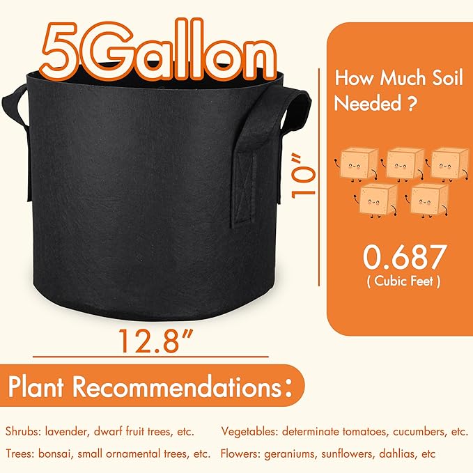 Gardzen 20-Pack 5 Gallon Grow Bags, Aeration Fabric Pots with Handles, Heavy Duty Plant Bags for Plants