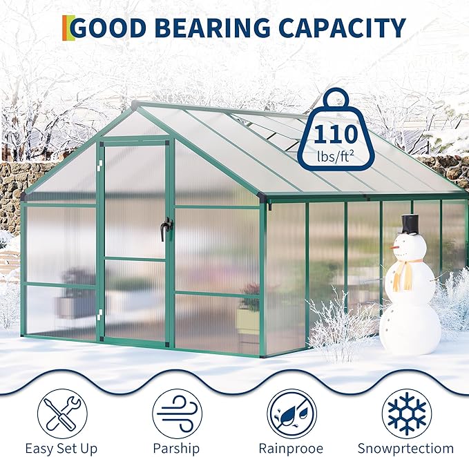 8X12 FT Greenhouse for Outdoors, Large Walk-in Polycarbonate Greenhouse Kit, Aluminum Frame, Lockable Door, Roof Vent, Ground Spikes, for Garden, Patio, Backyard, Outdoor Plant Growth