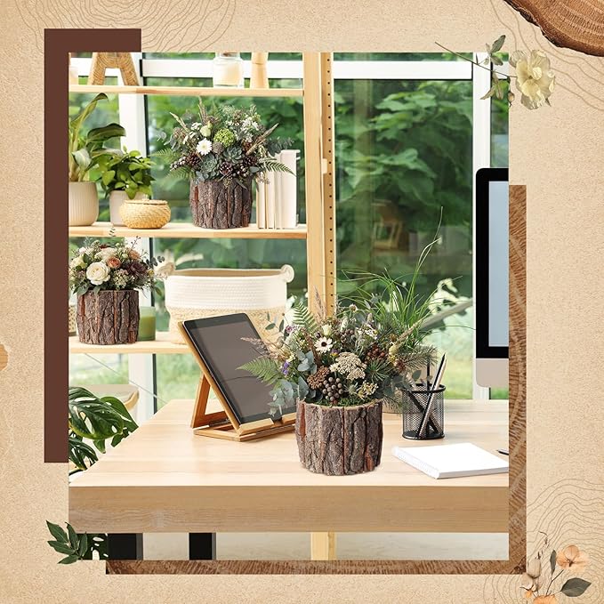 8 Set Wooden Vase for Centerpieces Wooden Flower Vase with Fake Green Moss Rustic Bark Stump Buckets Vintage Wood Planter Pots for Woodland Party Wedding Window Home Farmhouse Table Decor