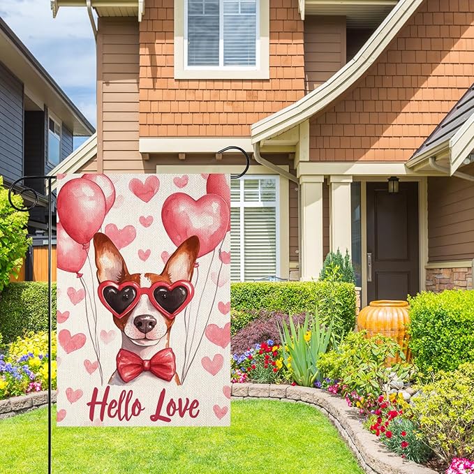 Valentine's Day Basenji Hello Love Garden Flag, House Yard Plaid Love Heart Outside Decoration, Spring Holiday Wedding Anniversary Outdoor Small Decor 12x18(12615)