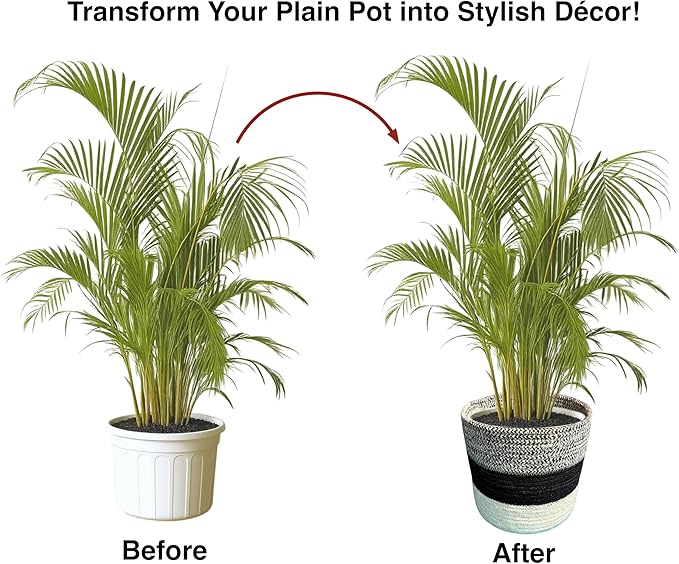 Planter Basket Set – 5-Piece Handwoven Jute Planter Basket for Home Decor, Nursery, or Indoor Plants (5'' to 8'' Diameter, 4.75'' to 7.75'' Height) – Wrinkle Free - Gray, Black & Natural Stripe