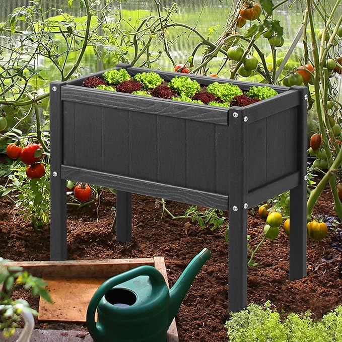 Raised Garden Beds Outdoor,Raised Herb Planter Box Outdoor with Legs and Drainage Hole Waterproof,Rot Resistant,for Vegetables Flower Tomato Patio Backyard Black