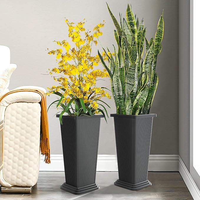 TUYOHW Set of 4 24" Tall Plastic Planters with Trays, Large Tapered Plant Pots for Indoor Outdoor Use, Modern Decorative Planters for Porch, Patio, Garden, and Backyard