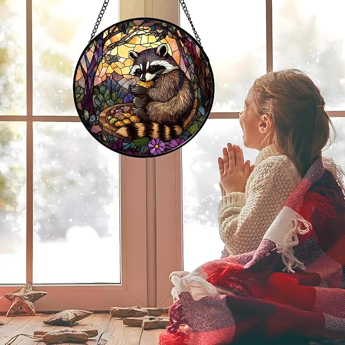 Stained Glass Window Hanging Brown Raccoon Forest Scenery 7.8" - Suncatcher Door Garden Sunroom Sun Catcher Home Decor Birthday Christmas for Mom Men Woman Nana