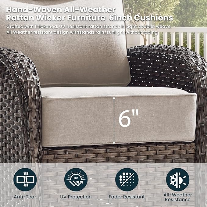 High Back Luxury Patio Furniture Set with 6-inch Thick Cushion, Swivel Rocker Patio Chairs with Outdoor Couch, 7 Piece Wicker Conversation Set for Deck Yard Garden Balcony Beige