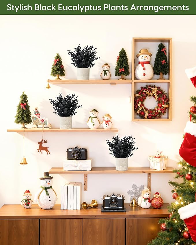 Velener 2 PCS Small Fake Eucalyptus Plant Artificial Potted Plants Indoor for Christmas Decor Indoor Realistic Faux Plant for Office, Bathroom, Living Room, Desk, Shelf, Home Decor (Black)