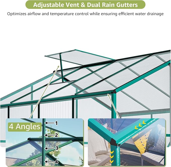 6x8 Ft Greenhouses for Outdoors, UV-Coated Polycarbonate Panels and Aluminium Green Houses for Outside, Outdoor Greenhouse with Roof Vent, Invernaderos para Plantas Exterior, Walk-in Greenhouse Kit