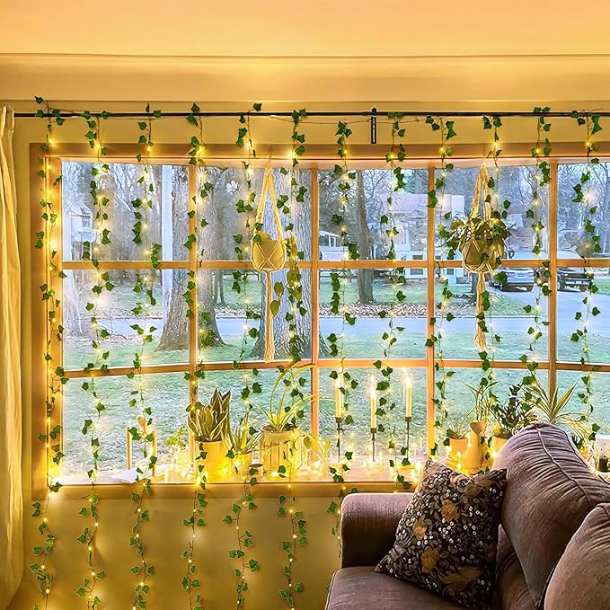 JMEXSUSS Vines Lights for Bedroom, 9.8ft x 9.8ft with Remote, 300 LED Fairy Lights with Vines, Artificial Ivy Curtain Light for Wall Dorm Wedding Indoor Decor (Pack of 2)