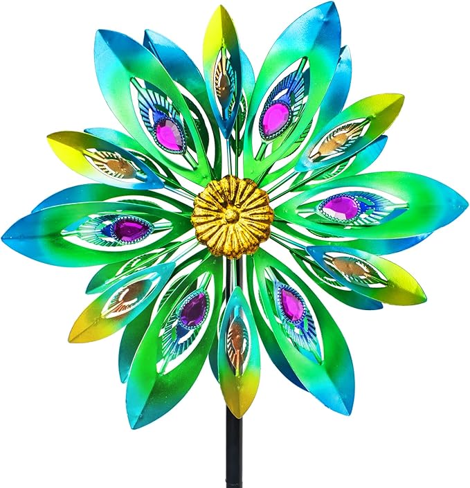VEWOSTAR 53 Inch Wind Spinner - Outdoor Metal Peacock Wind Sculptures for Garden, Patio, Yard, Lawn Decorations Double Windmill Spinner