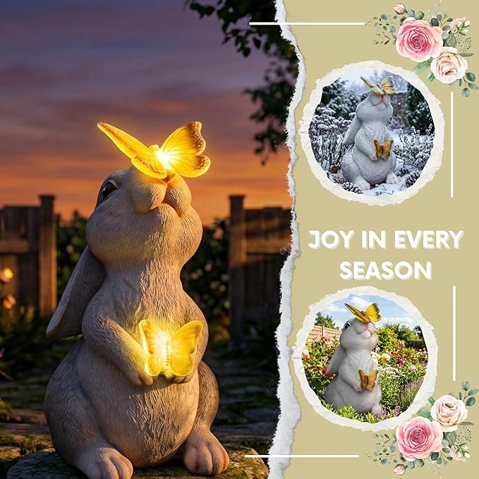 Solar Garden Statues Rabbit with 2 Solar Butterfly Lights, Cute Waterproof Resin Outdoor Decorations for Patio Yard Lawn, Gifts for Housewarming