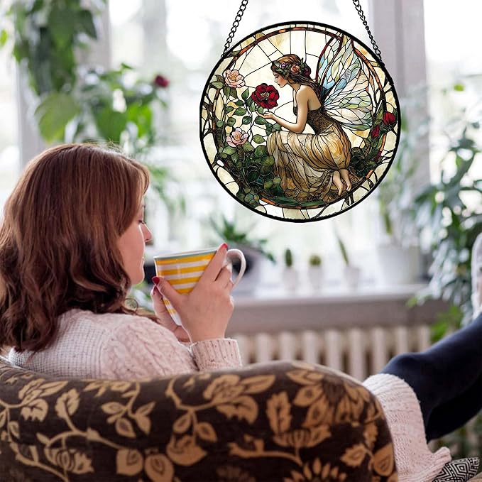 JOSUMALY Stained Glass Window Hanging - Butterfly Flower Fairy Suncatcher for Door Terrace Garden Home Decor Yellow Green Plants Sun Catcher Birthday Gifts for Lovers Women Men Dad Mom Nana 11.8 in