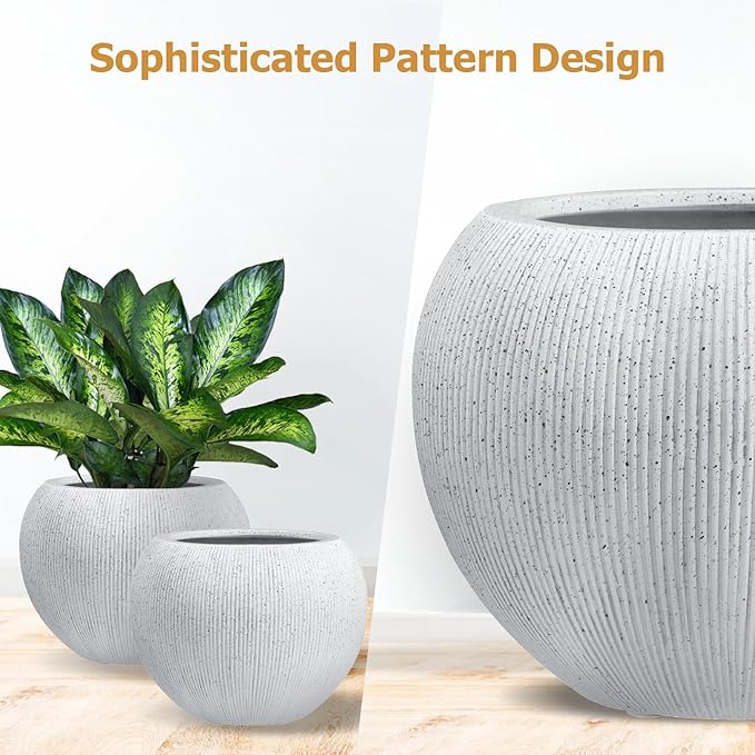 KUTE NEST 16" H x 20" D Ribbed Globo Fiberstone Round Planter with Drainage Hole, Weather Resistant for Indoor and Outdoor Use, Included 2 Extra Coco Mats (Speckled White, 13.5" Pot Opening)