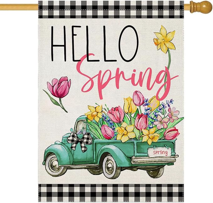 Hello Spring House Flags for Outdoor Decoration, Buffalo Plaid Truck with Flowers Large Yard Flag, Seasonal Decorative Celebration Decor for Farmhouse Holiday Outside 28x40 Inch Vertical
