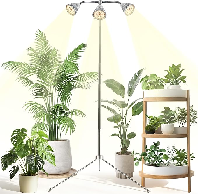 Full Spectrum Grow Lights for Indoor Plants, 3 Heads Aluminum Alloy Growing Lamps Covers More Plants, 15-62In Height Adjustable Plant Light with Detachable Tripod Stand, Auto On/Off Timer for Offices