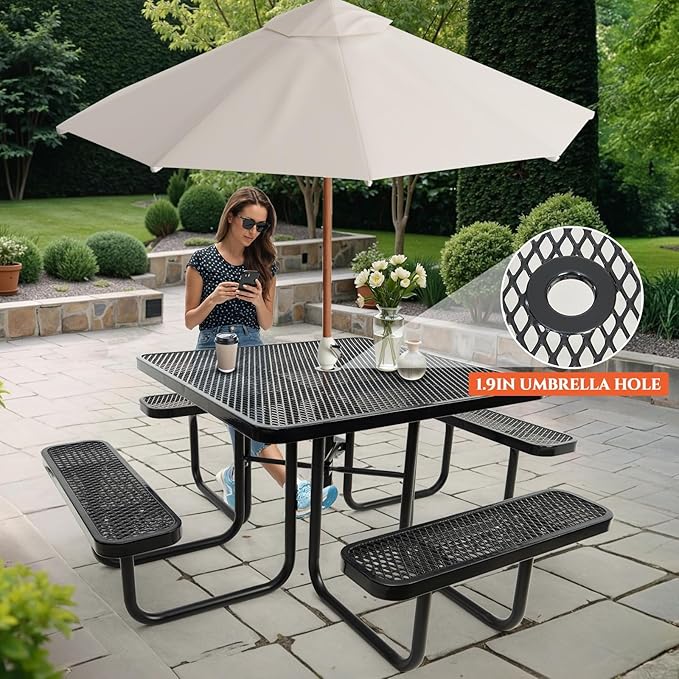 46" Square Top Outdoor Picnic Table Set for Up to 8 Persons, Outside Table Set with 4 Built-in Benches, Metal Commercial-Grade Dining Furniture with Umbrella Hole for Garden, Backyard, Porch, Patio