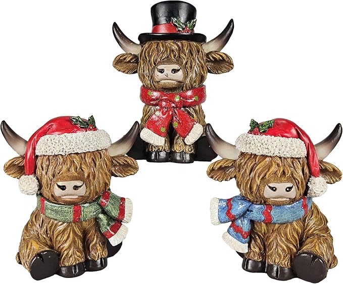 Scottish Highland Cows with Christmas Holiday Accents - Set of 3 | Resin Home Decor with Santa Hats | Seasonal Xmas Decor for Centerpiece, Mantel, Kitchen, Dining Room, and More | 4 inches tall
