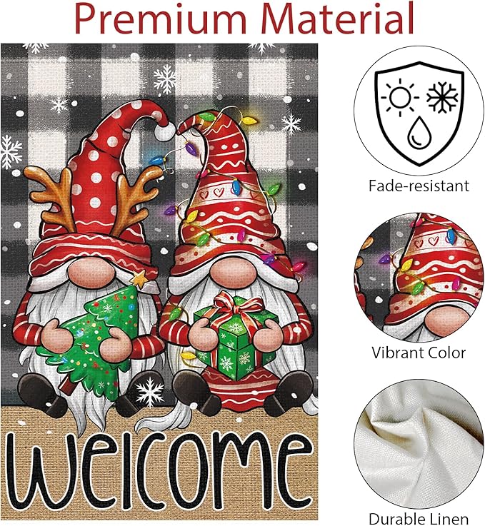 Welcome Christmas Garden Flag，Buffalo Plaid Gnome 12x18 Inch Double Sided Burlap Yard Flag for Winter Farmhouse Holiday Outdoor Decor